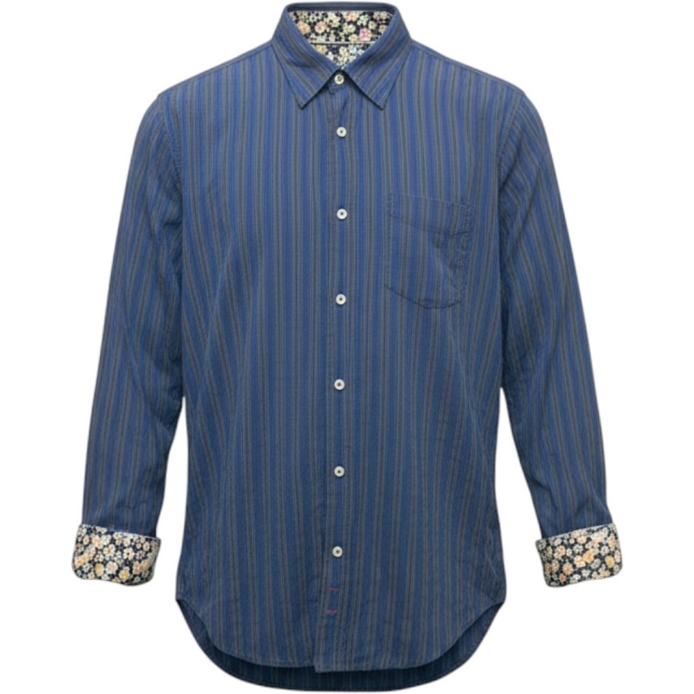 7 For All Mankind Shirt Mens M Blue Grey Stripe Floral Cuff Button Down Casual